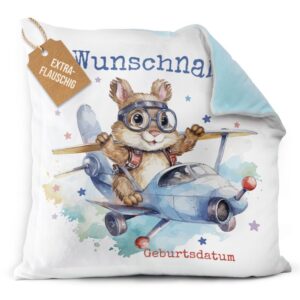 Unser hellblaues Flauschkissen mit süßem Tiermotiv - Flughörnchen - ist ein besonderes Highlight in jedem Kinderzimmer und lässt Kinderherzen...