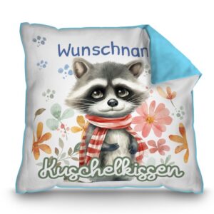 Unser hellblaues Kissen mit süßem Tiermotiv - Waschbär - ist ein besonderes Highlight in jedem Kinderzimmer und lässt Kinderherzen höherschlagen....