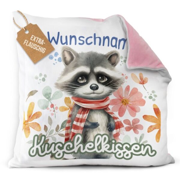 Unser rosanes Flauschkissen mit süßem Tiermotiv - Waschbär - ist ein besonderes Highlight in jedem Kinderzimmer und lässt Kinderherzen...