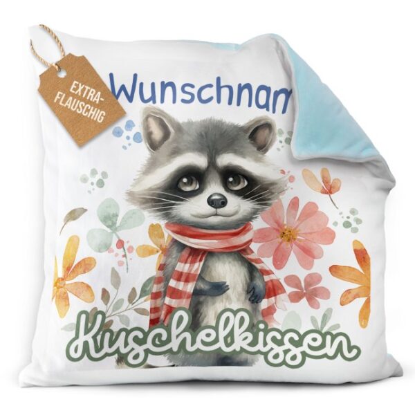 Unser hellblaues Flauschkissen mit süßem Tiermotiv - Waschbär - ist ein besonderes Highlight in jedem Kinderzimmer und lässt Kinderherzen...