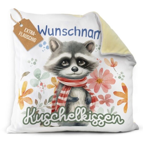 Unser gelbes Flauschkissen mit süßem Tiermotiv - Waschbär - ist ein besonderes Highlight in jedem Kinderzimmer und lässt Kinderherzen...