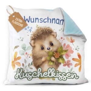 Unser hellblaues Flauschkissen mit süßem Tiermotiv - Igel - ist ein besonderes Highlight in jedem Kinderzimmer und lässt Kinderherzen...