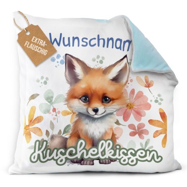 Unser hellblaues Flauschkissen mit süßem Tiermotiv - Fuchs - ist ein besonderes Highlight in jedem Kinderzimmer und lässt Kinderherzen...