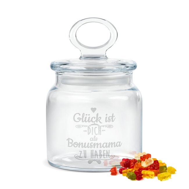 Glück ist eine Bonusmama wie dich zu haben! Unsere Keksdose aus Glas mit Gravur ist ein absoluter Hingucker und eine tolle Geschenkidee für die...