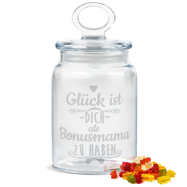 Glück ist eine Bonusmama wie dich zu haben! Unsere Keksdose aus Glas mit Gravur ist ein absoluter Hingucker und eine tolle Geschenkidee für die...