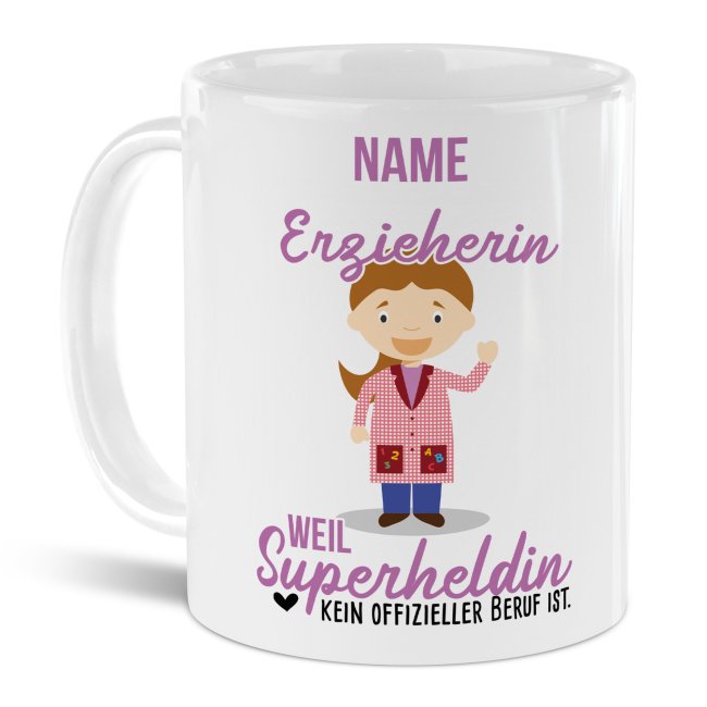 Unsere personalisierte Berufe-Tasse - Erzieherin - mit Name bedruckt ist das perfekte Geschenk zum Geburtstag