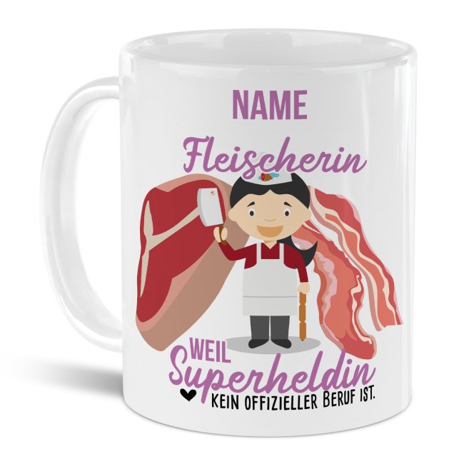 Unsere personalisierte Berufe-Tasse - Fleischerin - mit Name bedruckt ist das perfekte Geschenk zum Geburtstag