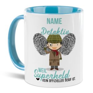 Unsere personalisierte Berufe-Tasse - Detektiv - mit Name bedruckt ist das perfekte Geschenk zum Geburtstag