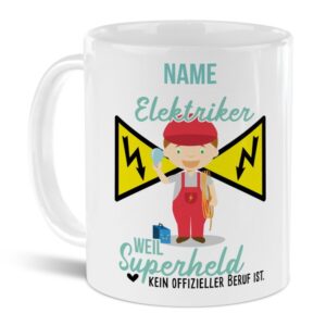 Unsere personalisierte Berufe-Tasse - Elektriker - mit Name bedruckt ist das perfekte Geschenk zum Geburtstag