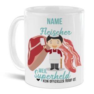 Unsere personalisierte Berufe-Tasse - Fleischer - mit Name bedruckt ist das perfekte Geschenk zum Geburtstag