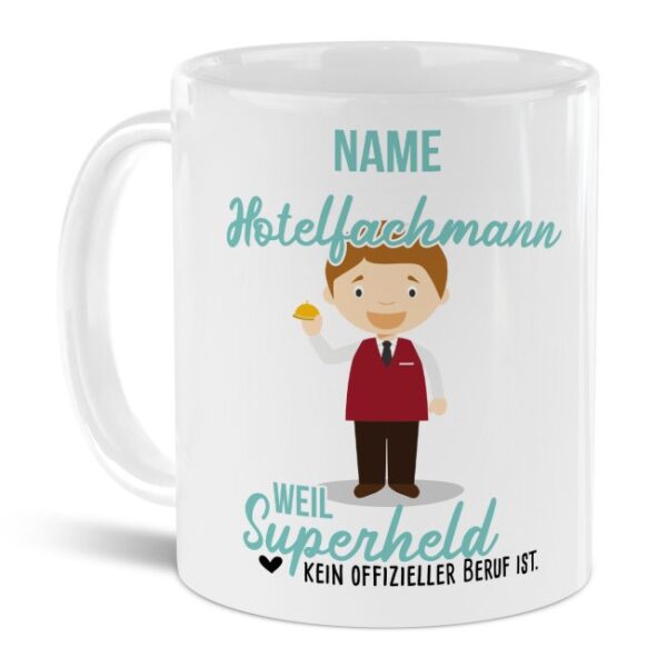 Unsere personalisierte Berufe-Tasse - Hotelfachmann - mit Name bedruckt ist das perfekte Geschenk zum Geburtstag