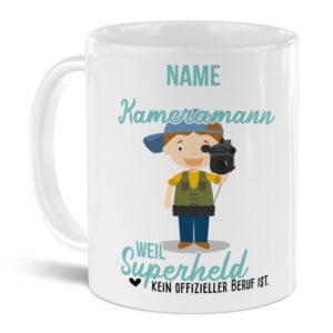 Unsere personalisierte Berufe-Tasse - Kameramann - mit Name bedruckt ist das perfekte Geschenk zum Geburtstag