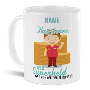 Unsere personalisierte Berufe-Tasse - Kassierer - mit Name bedruckt ist das perfekte Geschenk zum Geburtstag