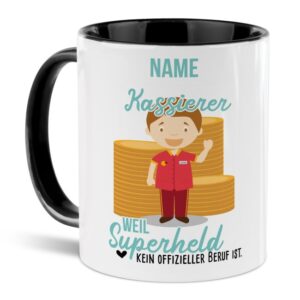 Unsere personalisierte Berufe-Tasse - Kassierer - mit Name bedruckt ist das perfekte Geschenk zum Geburtstag