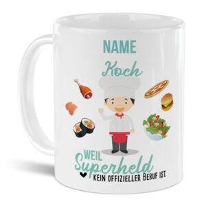 Unsere personalisierte Berufe-Tasse - Koch - mit Name bedruckt ist das perfekte Geschenk zum Geburtstag