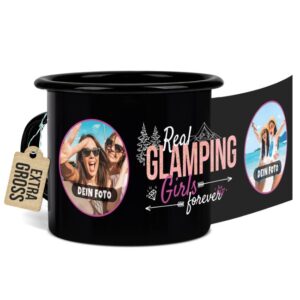 Nostalgie und Moderne in nur einer Tasse! Unsere Emaille-Tasse mit Spruch - Real Glamping Girls forever - und zwei Wunschfotos ist die beste...