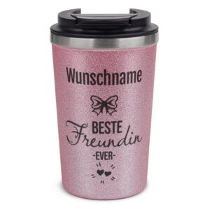 Nachhaltigen Mehrwegbecher bedrucken mit Glitzereffekt als cooles Geschenk für die beste Freundin. Personalisierbarer Coffee-To-Go Becher aus...