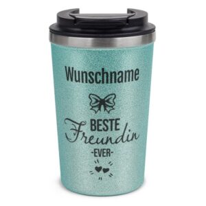 Nachhaltigen Mehrwegbecher bedrucken mit Glitzereffekt als cooles Geschenk für die beste Freundin. Personalisierbarer Coffee-To-Go Becher aus...