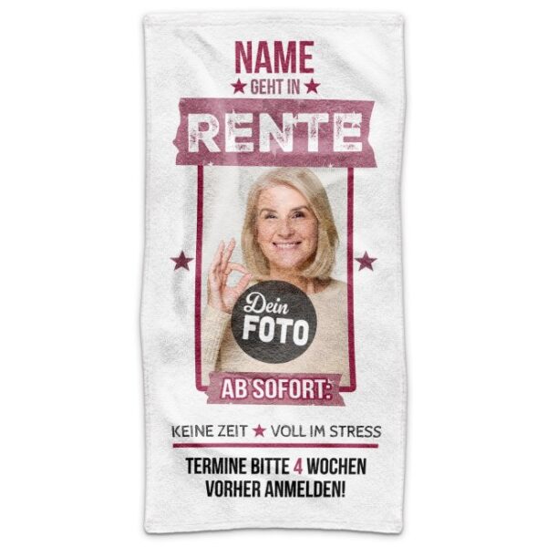 Ein tolle Geschenkidee für die Rentnerin ist dieses liebevoll gestaltete Handtuch mit Name und Foto. Das perfekte Geschenk zum Ruhestand -...