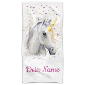 Liebevoll gestaltetes Einhorn Handtuch mit Name für Kinder. Verschenke dieses süße Handtuch in der Größe 140 x 70 cm als Geschenk für Mädchen