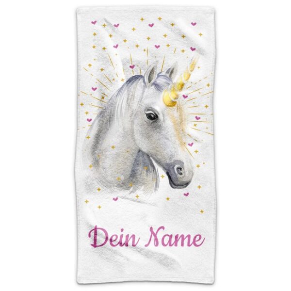 Liebevoll gestaltetes Einhorn Handtuch mit Name für Kinder. Verschenke dieses süße Handtuch in der Größe 140 x 70 cm als Geschenk für Mädchen