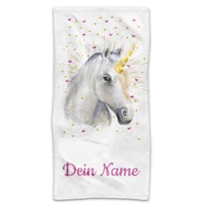 Liebevoll gestaltetes Einhorn Handtuch mit Name für Kinder. Verschenke dieses süße Handtuch in der Größe 100 x 50 cm als Geschenk für Mädchen