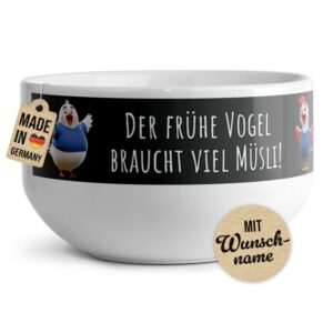 Diese lustig bedruckte Müslischale mit Spruch Der frühe Vogel braucht viel Müsli" kann mit einem Wunschnamen bedruckt werden - Eine..."