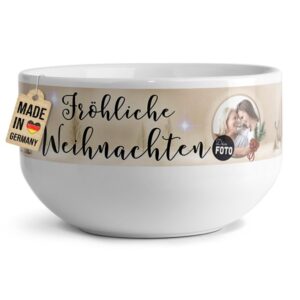 Die Müslischale mit liebevoll gestaltetem Weihnachtsmotiv und Spruch Frohe Weihnachten" kann ganz einfach mit einem Foto personalisiert werden -..."