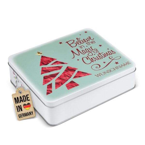 Geschenverpackung Believe in magic of Christmas" mit edlem Weihnachtsmotiv. Als personalisierte Weihnachtsdose mit Name bietet sie genügend Platz..."