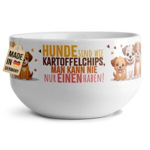 Diese süße Müslischale mit liebevoll gestaltetem Hundemotiv und Spruch Hunde sind wie Kartoffelchips