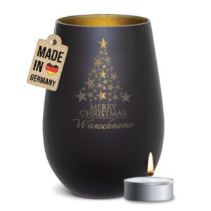 Edles Windlicht mit Namensgravur und Tannenbaum-Motiv als hübsche Weihnachtsdeko in der Adventszeit oder personalisiertes Namensgeschenk zu...