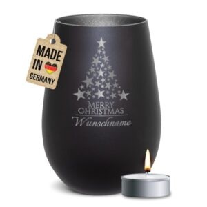 Edles Windlicht mit Namensgravur und Tannenbaum-Motiv als hübsche Weihnachtsdeko in der Adventszeit oder personalisiertes Namensgeschenk zu...