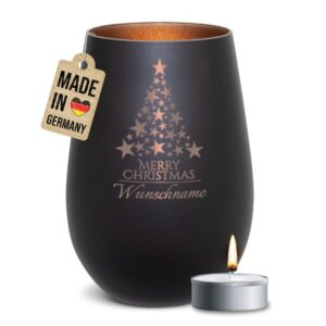 Edles Windlicht mit Namensgravur und Tannenbaum-Motiv als hübsche Weihnachtsdeko in der Adventszeit oder personalisiertes Namensgeschenk zu...