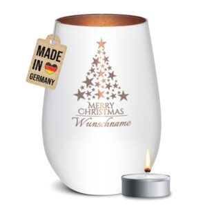 Edles Windlicht mit Namensgravur und Tannenbaum-Motiv als hübsche Weihnachtsdeko in der Adventszeit oder personalisiertes Namensgeschenk zu...