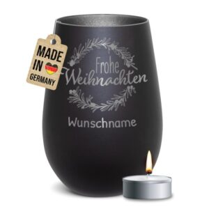 Edles Windlicht graviert mit Weihnachtskranz und Wunschname als hübsche Weihnachtsdeko in der Adventszeit oder personalisiertes Namensgeschenk zu...