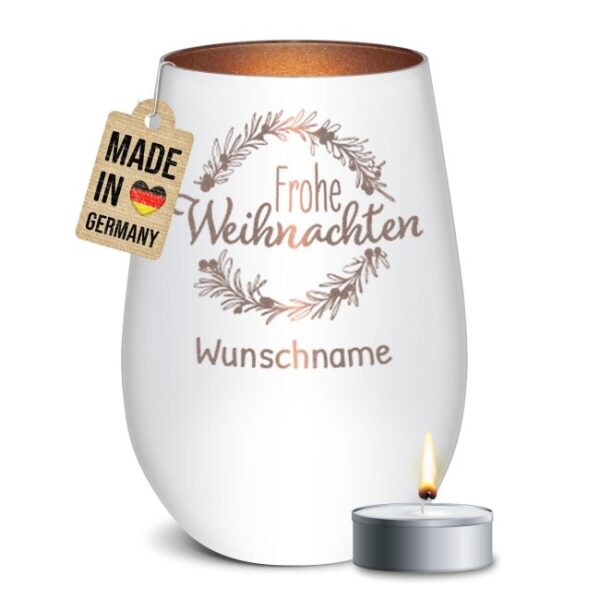 Edles Windlicht graviert mit Weihnachtskranz und Wunschname als hübsche Weihnachtsdeko in der Adventszeit oder personalisiertes Namensgeschenk zu...