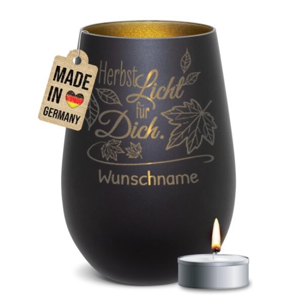 Edles Windlicht mit graviertem Spruch Herbstlicht für Dich" als besonders Herbstdeko und personalisiertes Namensgeschenk. Unser Windlicht mit..."