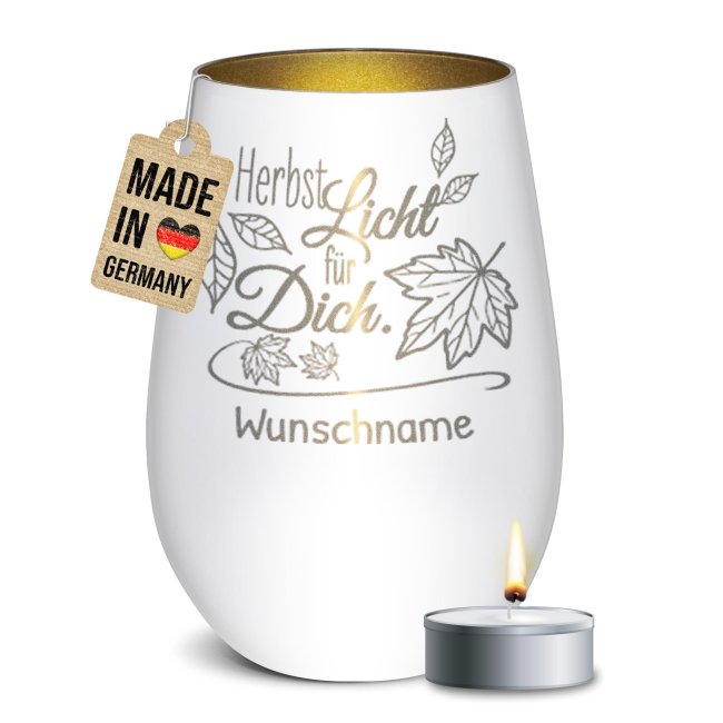 Edles Windlicht mit graviertem Spruch Herbstlicht für Dich" als besonders Herbstdeko und personalisiertes Namensgeschenk. Unser Windlicht mit..."