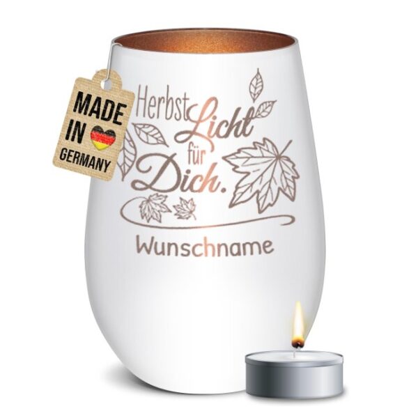 Edles Windlicht mit graviertem Spruch Herbstlicht für Dich" als besonders Herbstdeko und personalisiertes Namensgeschenk. Unser Windlicht mit..."