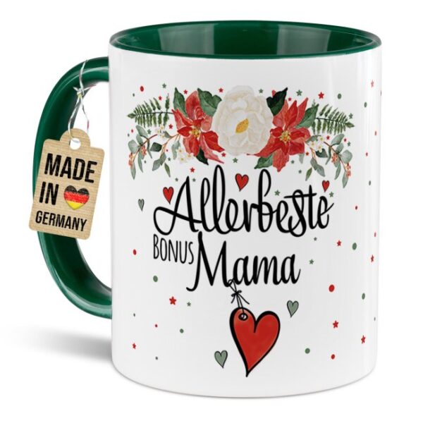 Liebevoll gestaltete Weihnachtstasse für Deine Bonusmama als hübsche Geschenkidee für die Adventszeit. Perfekt für Kaffee