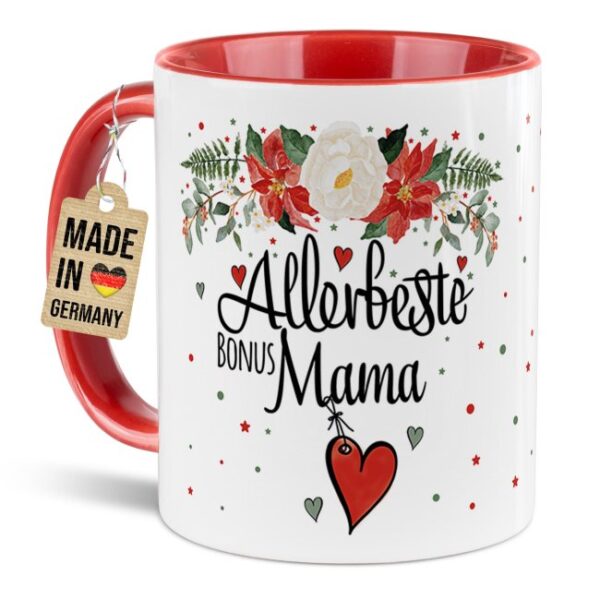 Liebevoll gestaltete Weihnachtstasse für Deine Bonusmama als hübsche Geschenkidee für die Adventszeit. Perfekt für Kaffee