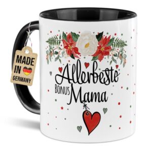 Liebevoll gestaltete Weihnachtstasse für Deine Bonusmama als hübsche Geschenkidee für die Adventszeit. Perfekt für Kaffee