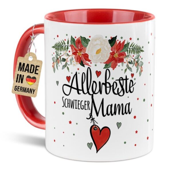 Liebevoll gestaltete Weihnachtstasse für Deine Schwiegermama als hübsche Geschenkidee für die Adventszeit. Perfekt für Kaffee