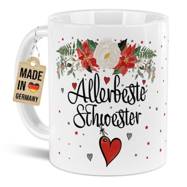 Liebevoll gestaltete Weihnachtstasse für Deine Schwester als hübsche Geschenkidee für die Adventszeit. Perfekt für Kaffee