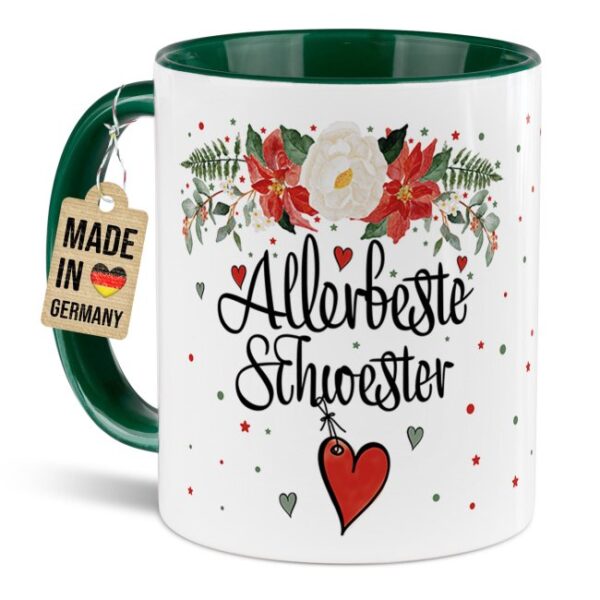 Liebevoll gestaltete Weihnachtstasse für Deine Schwester als hübsche Geschenkidee für die Adventszeit. Perfekt für Kaffee