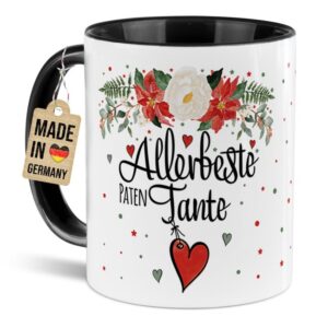 Liebevoll gestaltete Weihnachtstasse für Deine Patentante als hübsche Geschenkidee für die Adventszeit. Perfekt für Kaffee