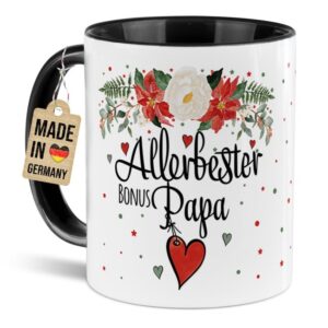 Liebevoll gestaltete Weihnachtstasse für Deinen Bonuspapa als hübsche Geschenkidee für die Adventszeit. Perfekt für Kaffee