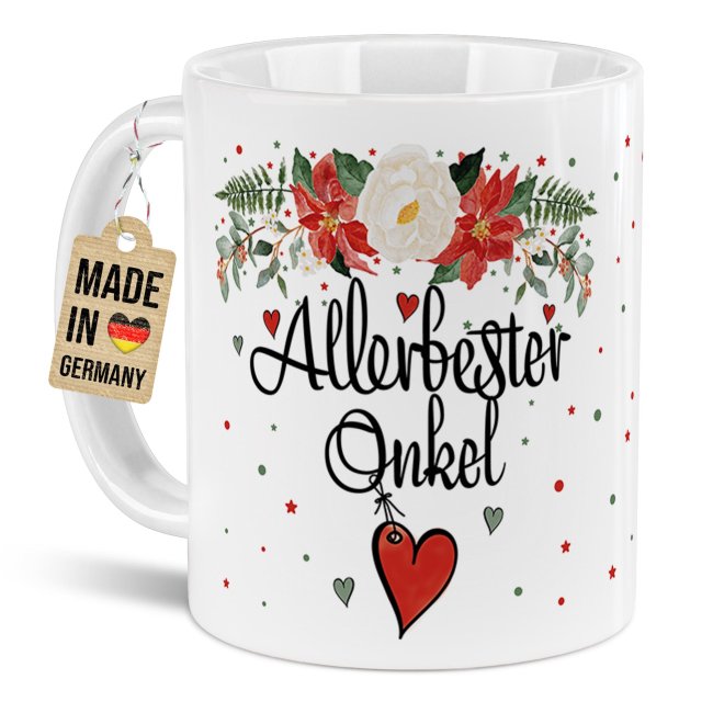 Liebevoll gestaltete Weihnachtstasse für Deinen Onkel als hübsche Geschenkidee für die Adventszeit. Perfekt für Kaffee