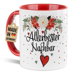 Liebevoll gestaltete Weihnachtstasse für Deinen Nachbar als hübsche Geschenkidee für die Adventszeit. Perfekt für Kaffee