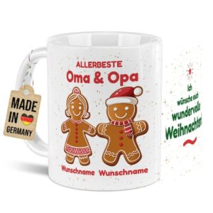 Die lustige Weihnachtstasse für Großeltern mit Lebkuchenmann und Lebkuchenfrau kann mit Omas und Opas Name bedruckt werden und ist ein tolles...